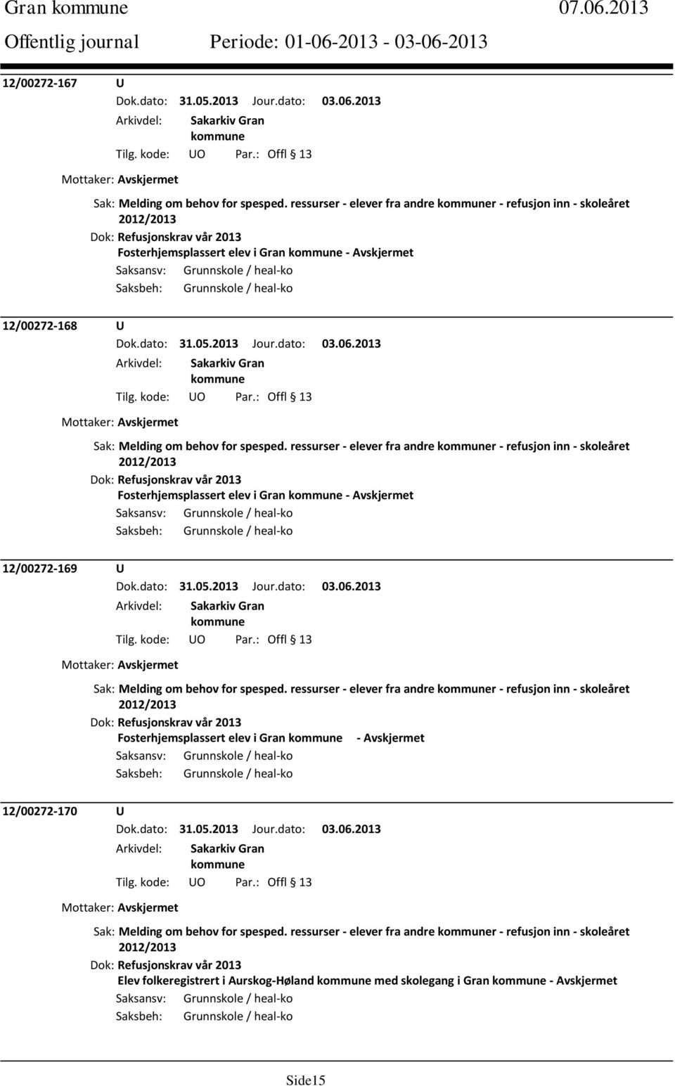 ressurser - elever fra andre r - refusjon inn - skoleåret Fosterhjemsplassert elev i Gran - Avskjermet 12/00272-169 U Sak: Melding om behov for spesped.