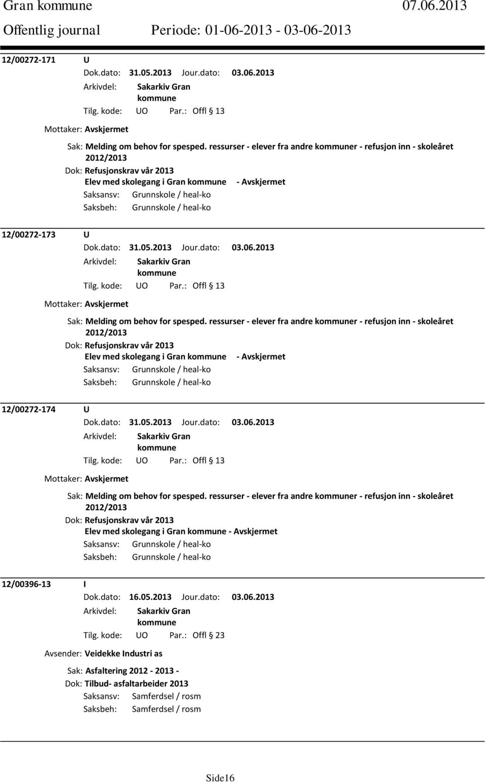 ressurser - elever fra andre r - refusjon inn - skoleåret Elev med skolegang i Gran - Avskjermet 12/00272-174 U Sak: Melding om behov for spesped.