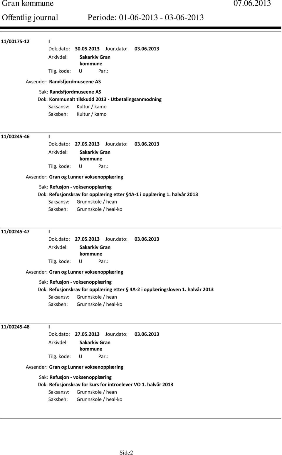 2013 Avsender: Randsfjordmuseene AS Sak: Randsfjordmuseene AS Dok: Kommunalt tilskudd 2013 - Utbetalingsanmodning Saksansv: Kultur / kamo Saksbeh: Kultur / kamo 11/00245-46 I