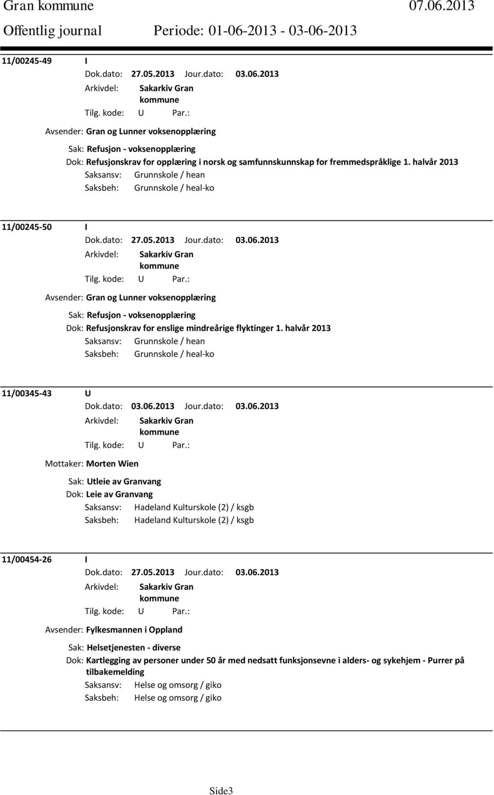 halvår 2013 11/00345-43 U Mottaker: Morten Wien Sak: Utleie av Granvang Dok: Leie av Granvang Saksansv: Hadeland Kulturskole (2) / ksgb Saksbeh: Hadeland Kulturskole (2) / ksgb 11/00454-26 I