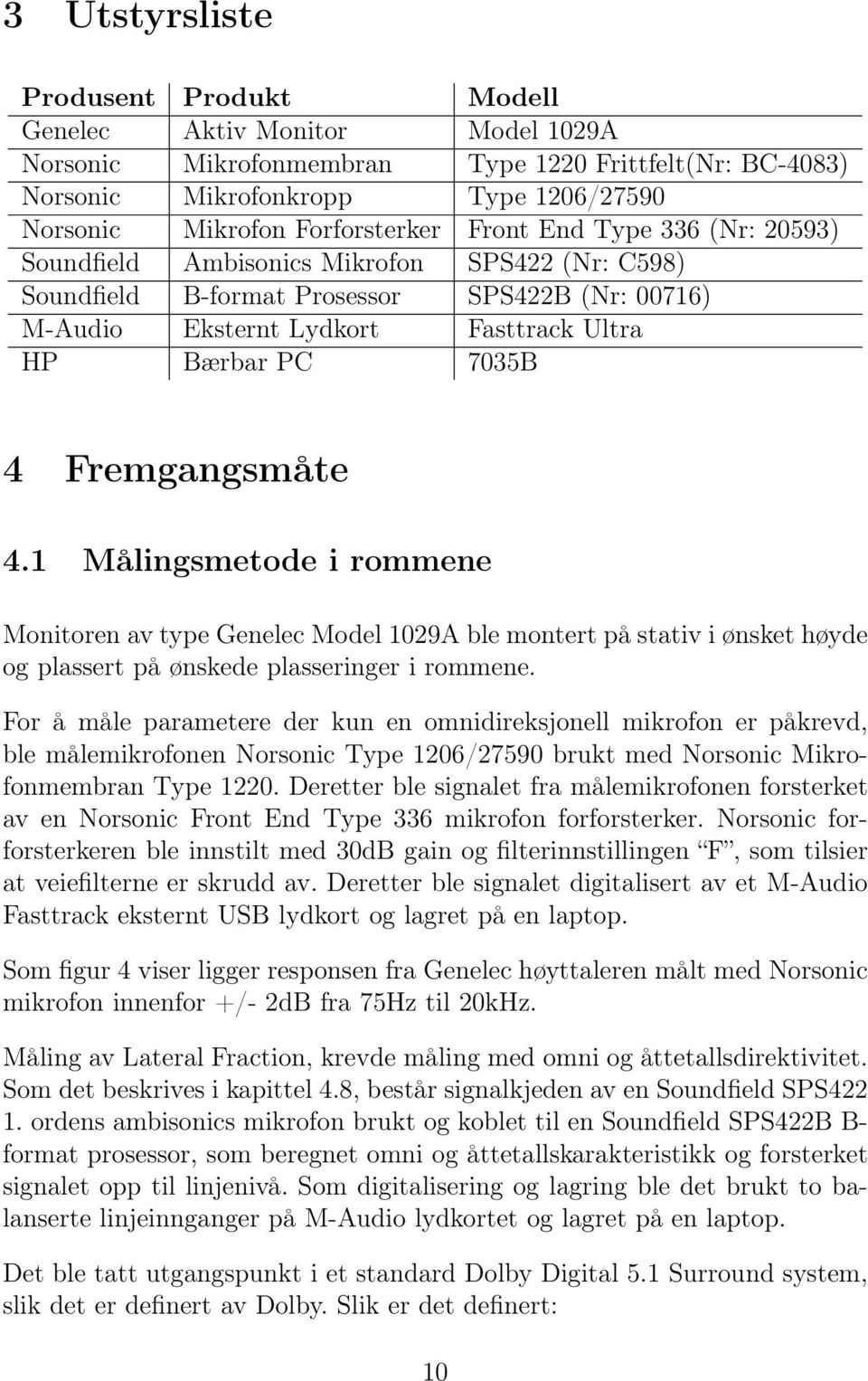 7035B 4 Fremgangsmåte 4.1 Målingsmetode i rommene Monitoren av type Genelec Model 1029A ble montert på stativ i ønsket høyde og plassert på ønskede plasseringer i rommene.