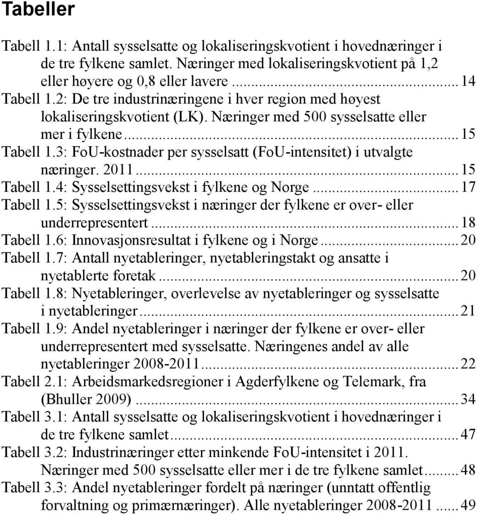 3: FoU-kostnader per sysselsatt (FoU-intensitet) i utvalgte næringer. 2011... 15 Tabell 1.4: Sysselsettingsvekst i fylkene og Norge... 17 Tabell 1.