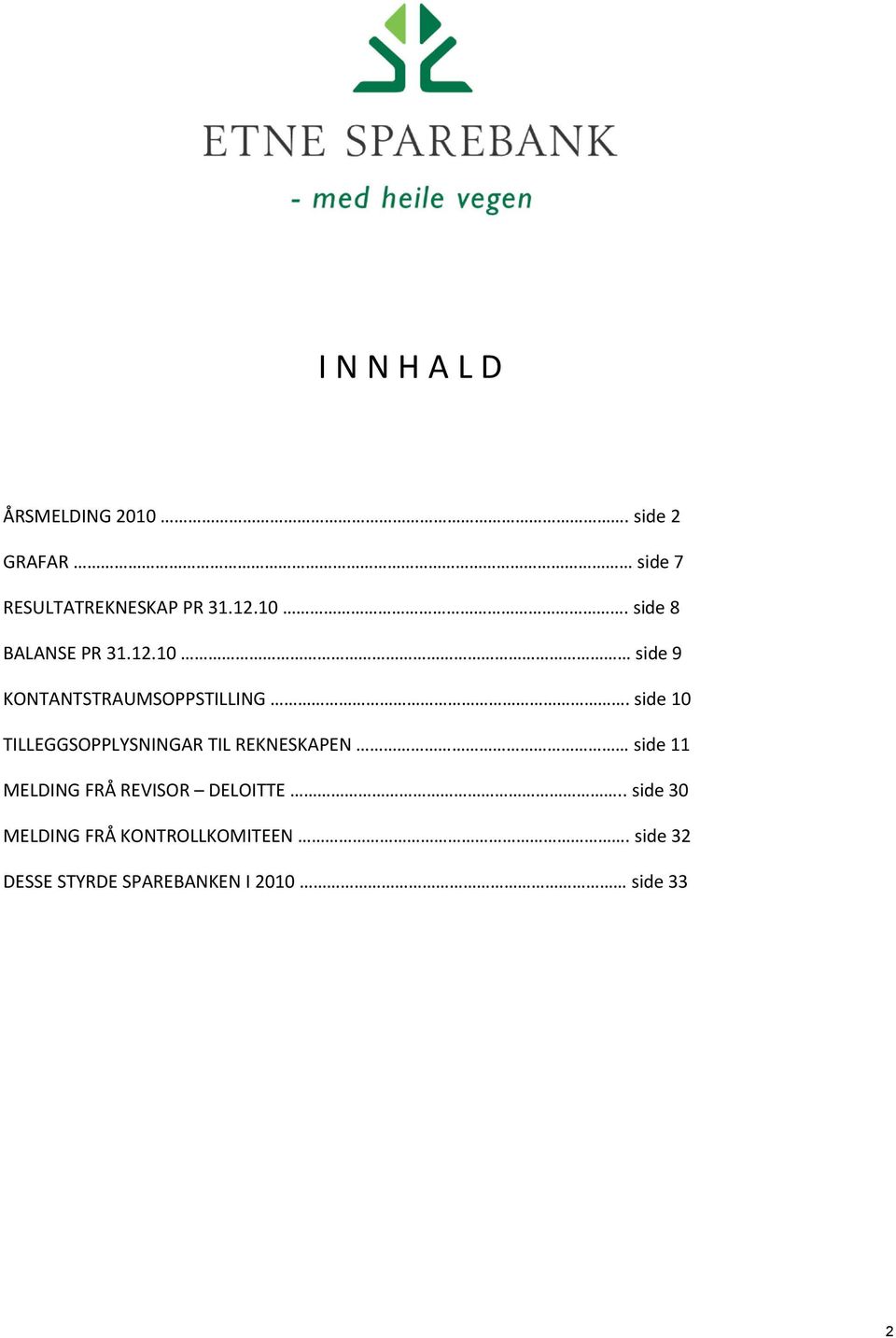 side 10 TILLEGGSOPPLYSNINGAR TIL REKNESKAPEN side 11 MELDING FRÅ REVISOR