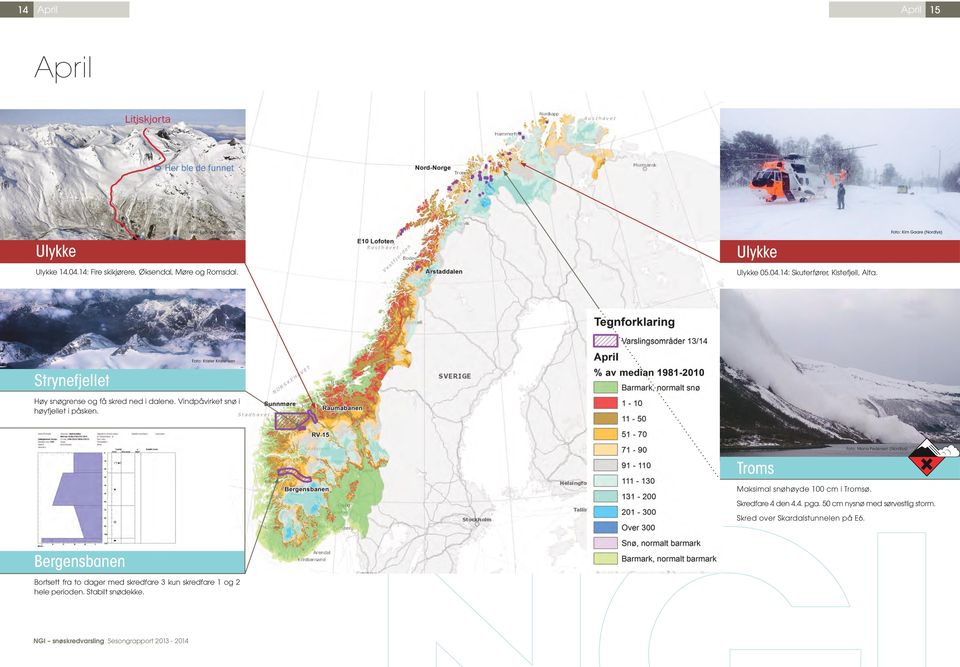 Foto: Maria Pedersen (Nordlys) Maksimal snøhøyde 100 cm i ø. Skredfare 4 den 4.4. pga. 50 cm nysnø med sørvestlig storm.