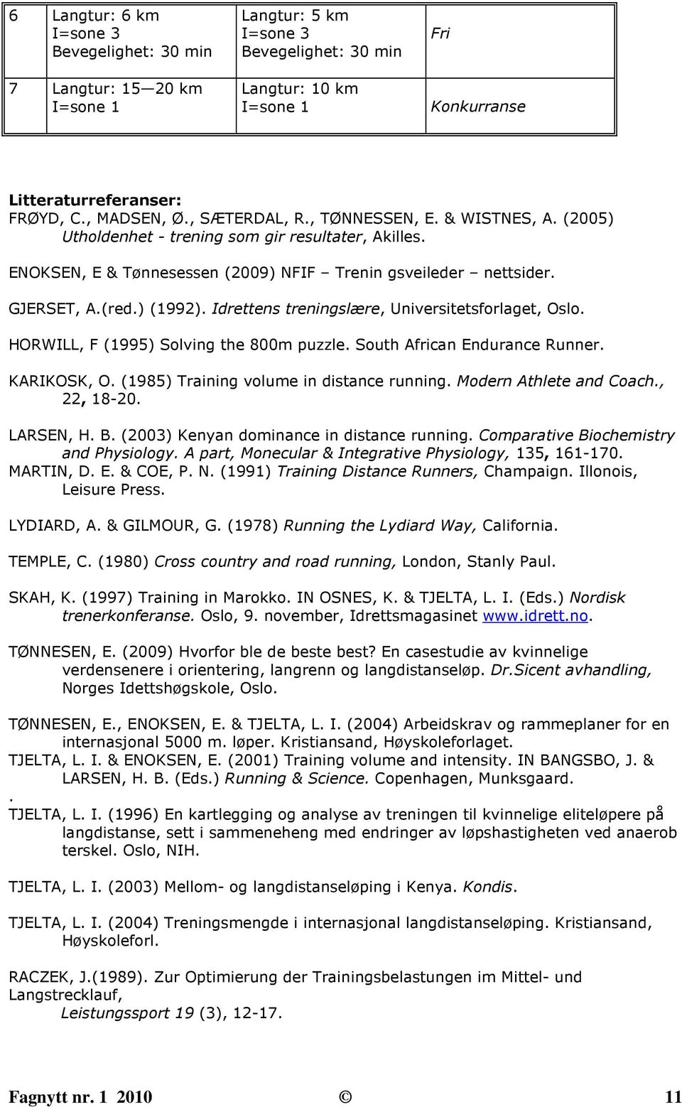 ) (1992). Idrettens treningslære, Universitetsforlaget, Oslo. HORWILL, F (1995) Solving the 800m puzzle. South African Endurance Runner. KARIKOSK, O. (1985) Training volume in distance running.