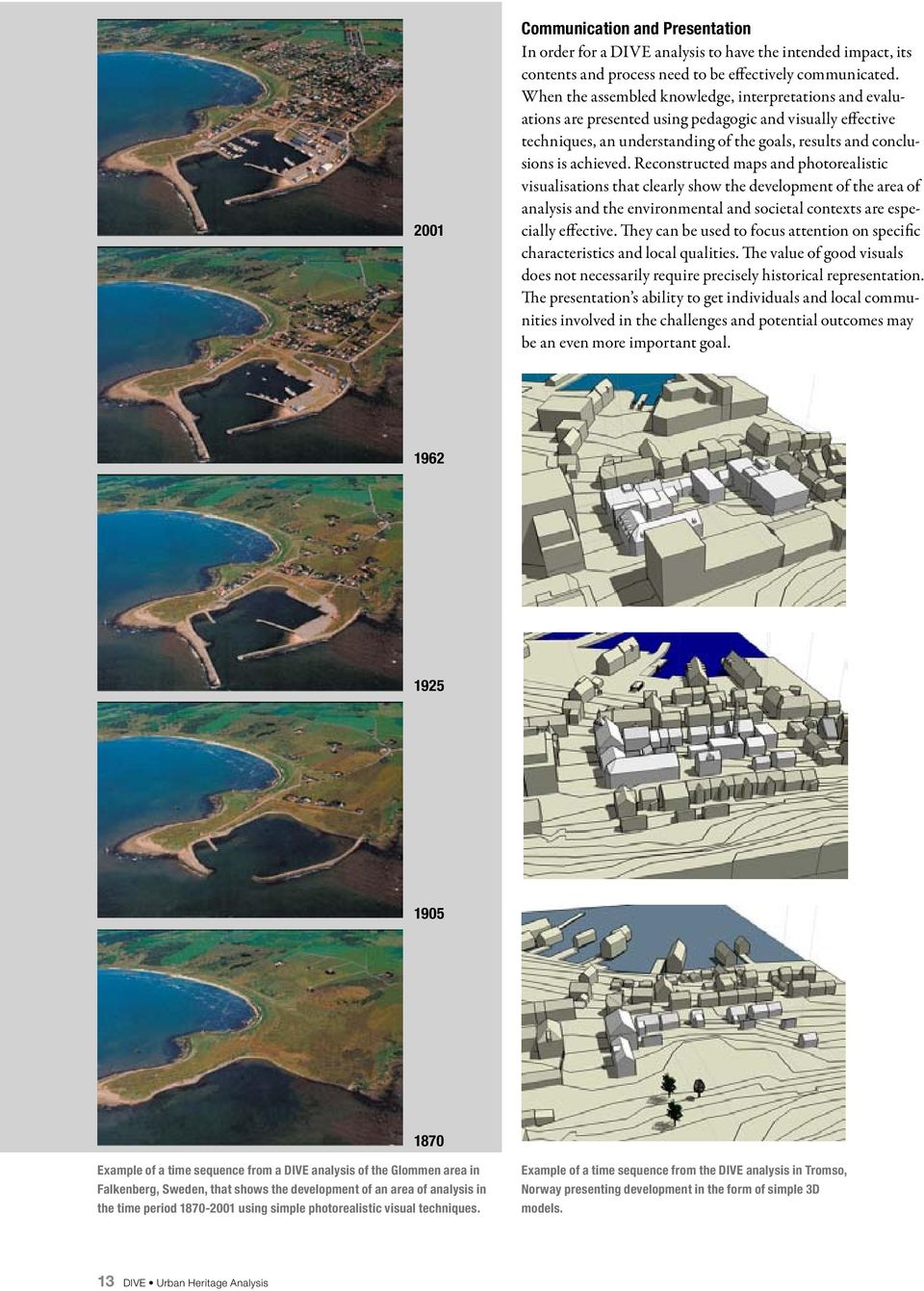 Reconstructed maps and photorealistic visualisations that clearly show the development of the area of analysis and the environmental and societal contexts are especially effective.