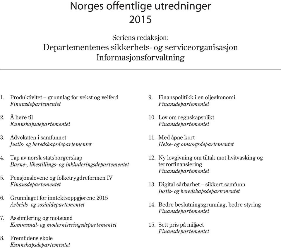 Pensjonslovene og folketrygdreformen IV Finansdepartementet 6. Grunnlaget for inntektsoppgjørene 2015 Arbeids- og sosialdepartementet 7.