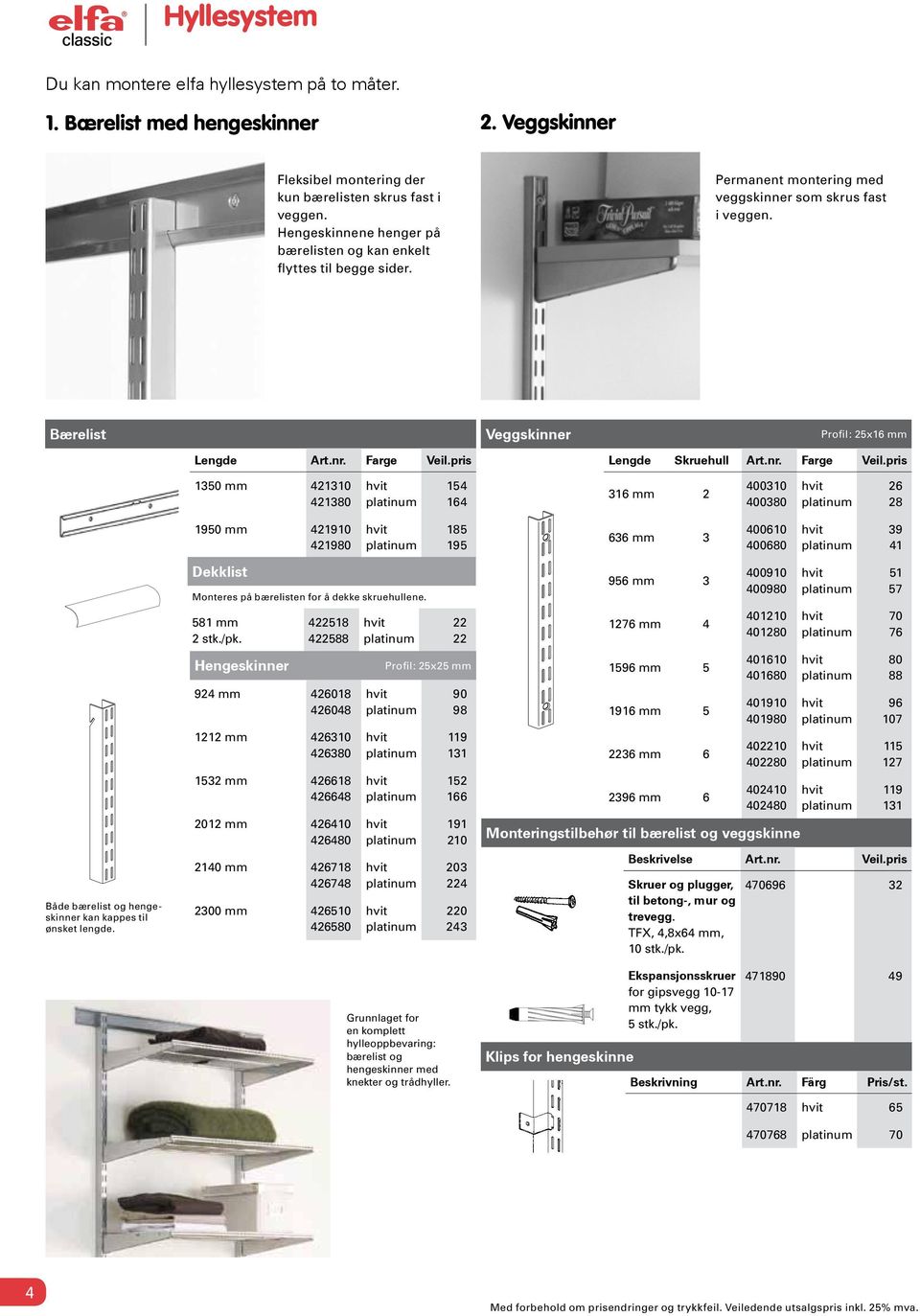 Farge Veil.pris 350 mm 4230 42380 54 64 36 mm 2 40030 400380 26 28 Både bærelist og hengeskinner kan kappes til ønsket lengde.