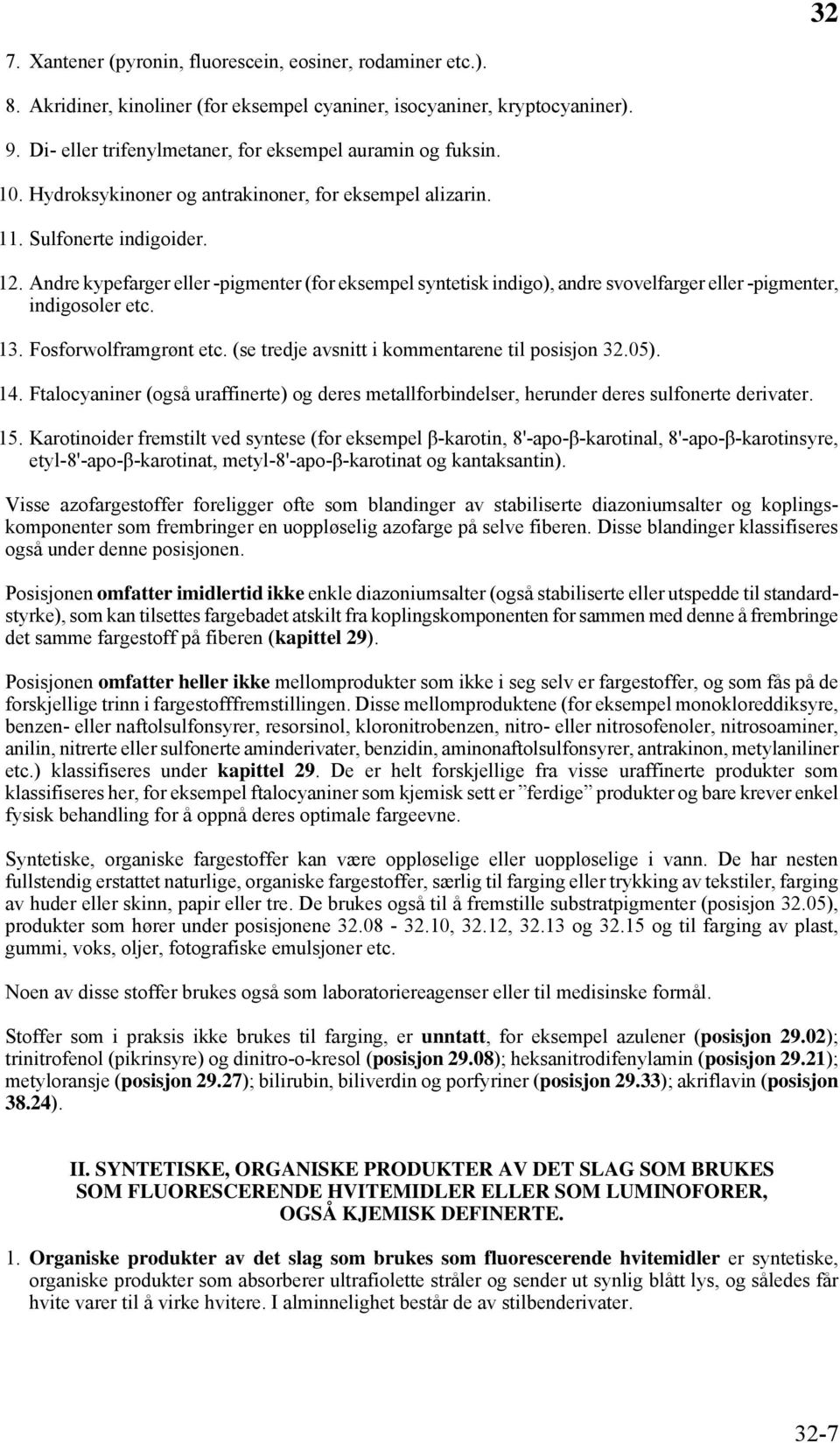 Andre kypefarger eller -pigmenter (for eksempel syntetisk indigo), andre svovelfarger eller -pigmenter, indigosoler etc. 13. Fosforwolframgrønt etc. (se tredje avsnitt i kommentarene til posisjon 32.