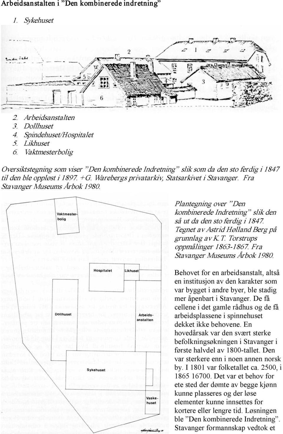 Fra Stavanger Museums Årbok 1980. Plantegning over Den kombinerede Indretning slik den så ut da den sto ferdig i 1847. Tegnet av Astrid Hølland Berg på grunnlag av K.T. Torstrups oppmålinger 1863 1867.