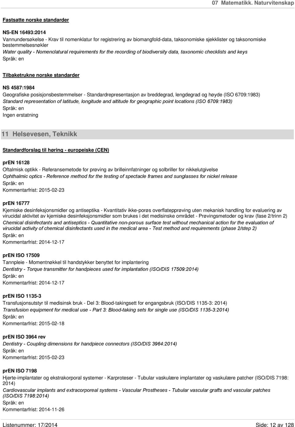 Water quality - Nomenclatural requirements for the recording of biodiversity data, taxonomic checklists and keys Tilbaketrukne norske standarder NS 4587:1984 Geografiske posisjonsbestemmelser -