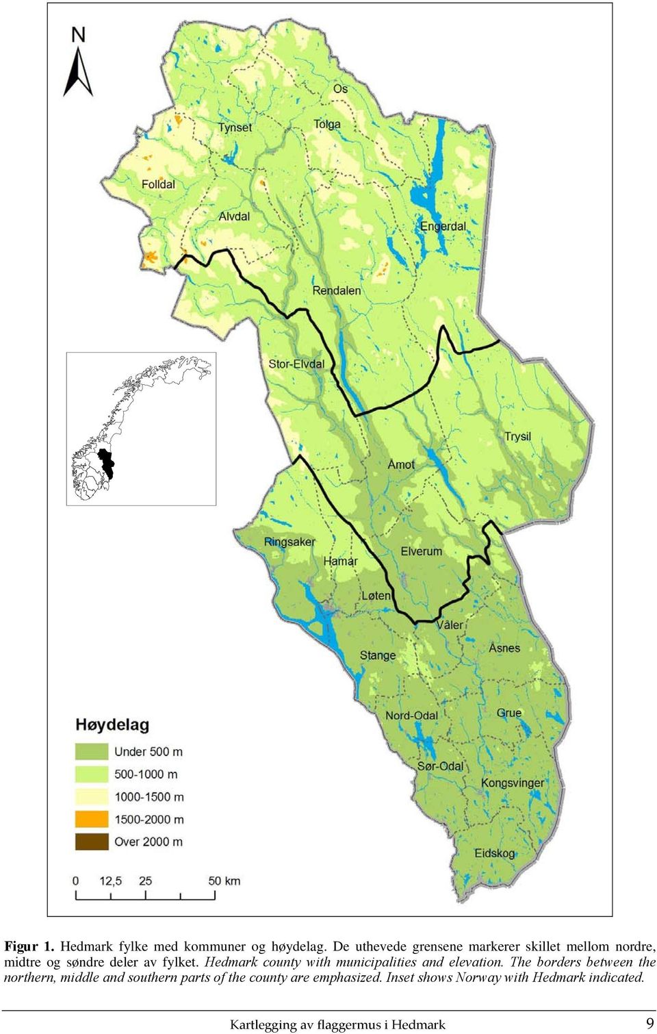 Hedmark county with municipalities and elevation.