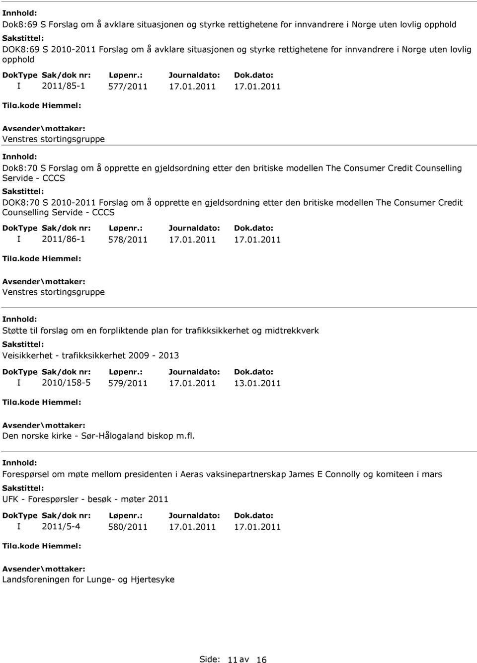 Servide - CCCS DOK8:70 S 2010-2011 Forslag om å opprette en gjeldsordning etter den britiske modellen The Consumer Credit Counselling Servide - CCCS 2011/86-1 578/2011 Venstres stortingsgruppe Støtte