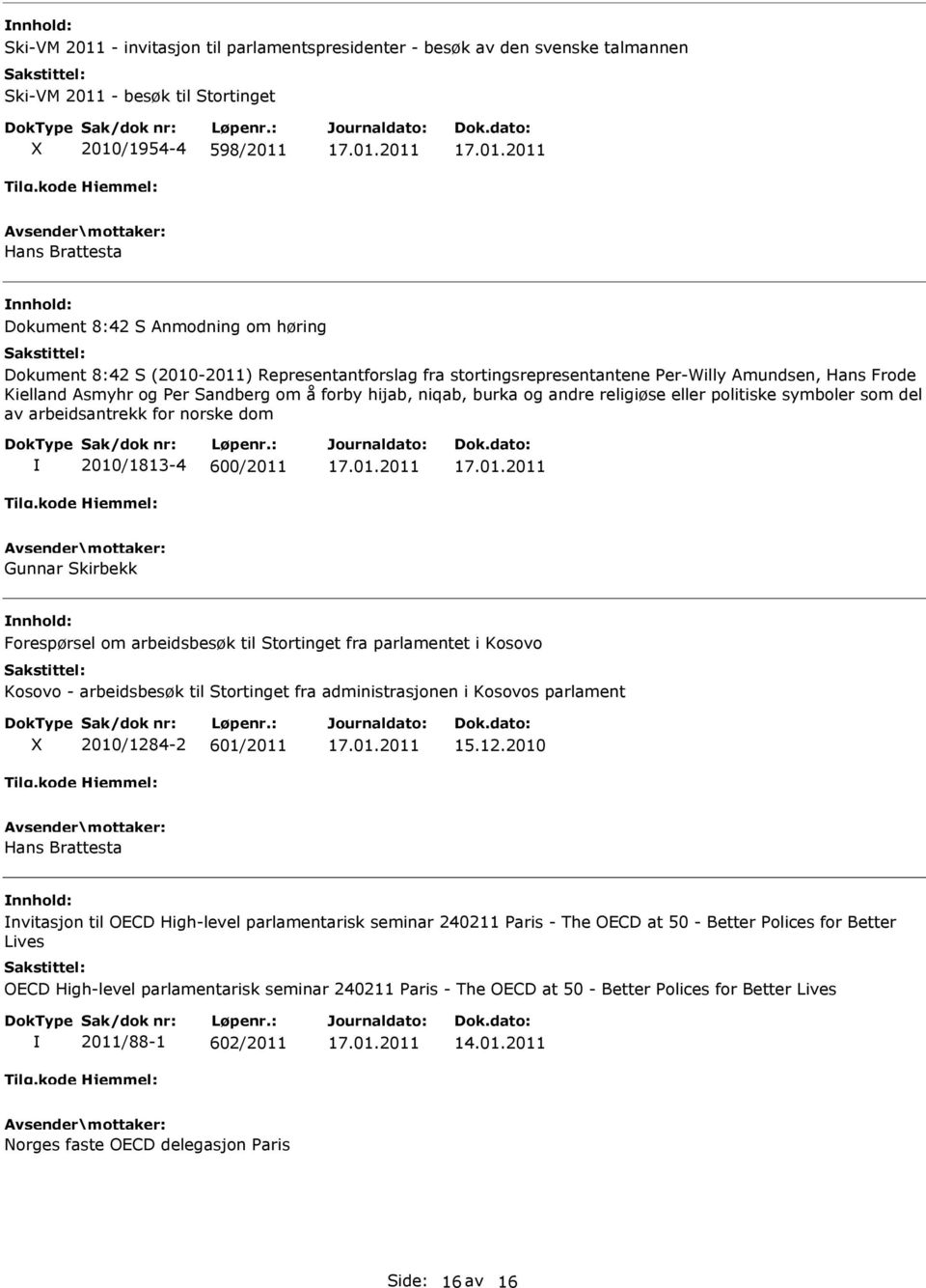 politiske symboler som del av arbeidsantrekk for norske dom 2010/1813-4 600/2011 Gunnar Skirbekk Forespørsel om arbeidsbesøk til Stortinget fra parlamentet i Kosovo Kosovo - arbeidsbesøk til