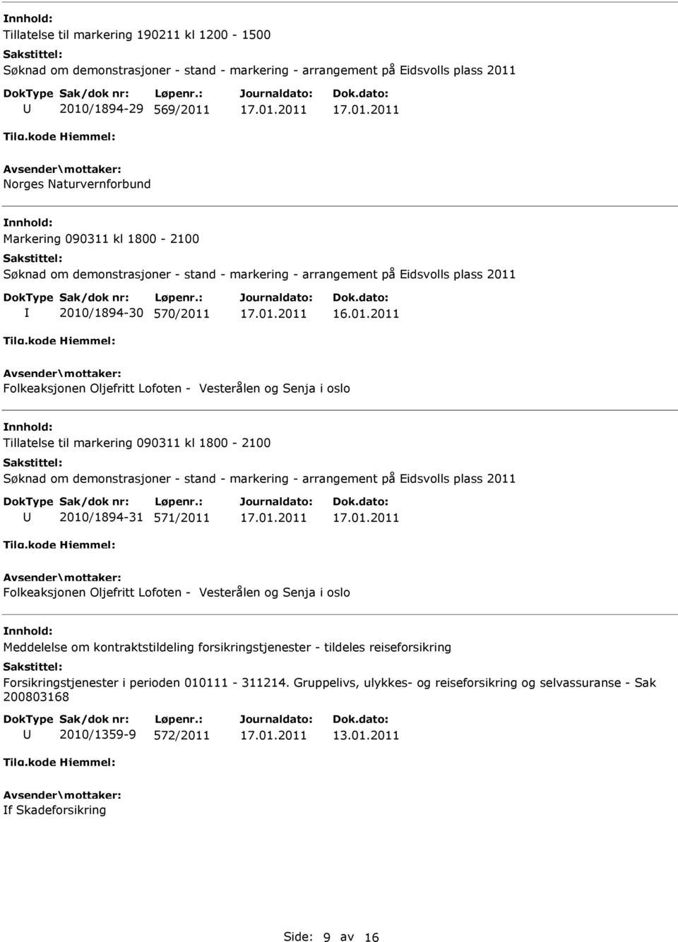 2010/1894-30 570/2011 16.01.2011 Folkeaksjonen Oljefritt Lofoten - Vesterålen og Senja i oslo Tillatelse til markering 090311 kl  2010/1894-31 571/2011 Folkeaksjonen Oljefritt Lofoten - Vesterålen og