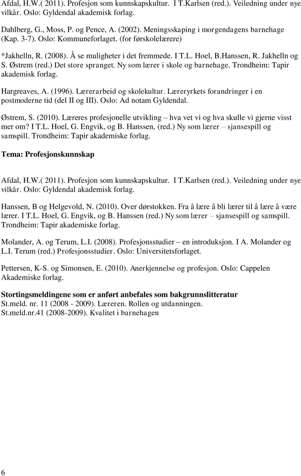 Østrem (red.) Det store spranget. Ny som lærer i skole og barnehage. Trondheim: Tapir akademisk forlag. Hargreaves, A. (1996). Lærerarbeid og skolekultur.