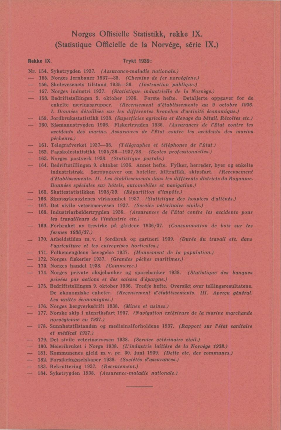 oktober 1936. Første hefte. Detaljerte oppgaver for de enkelte næringsgrupper. (Recensement d'établissements au 9 octobre 1936. I.