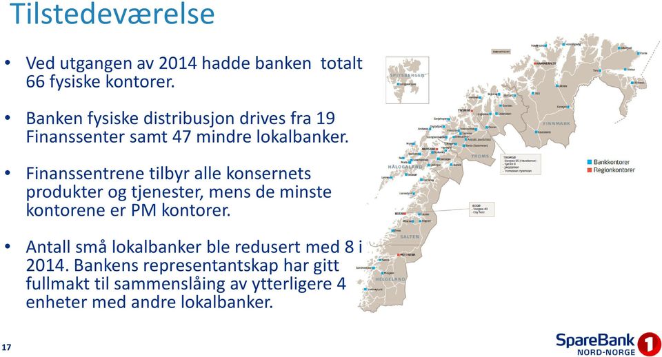 Finanssentrene tilbyr alle konsernets produkter og tjenester, mens de minste kontorene er PM kontorer.