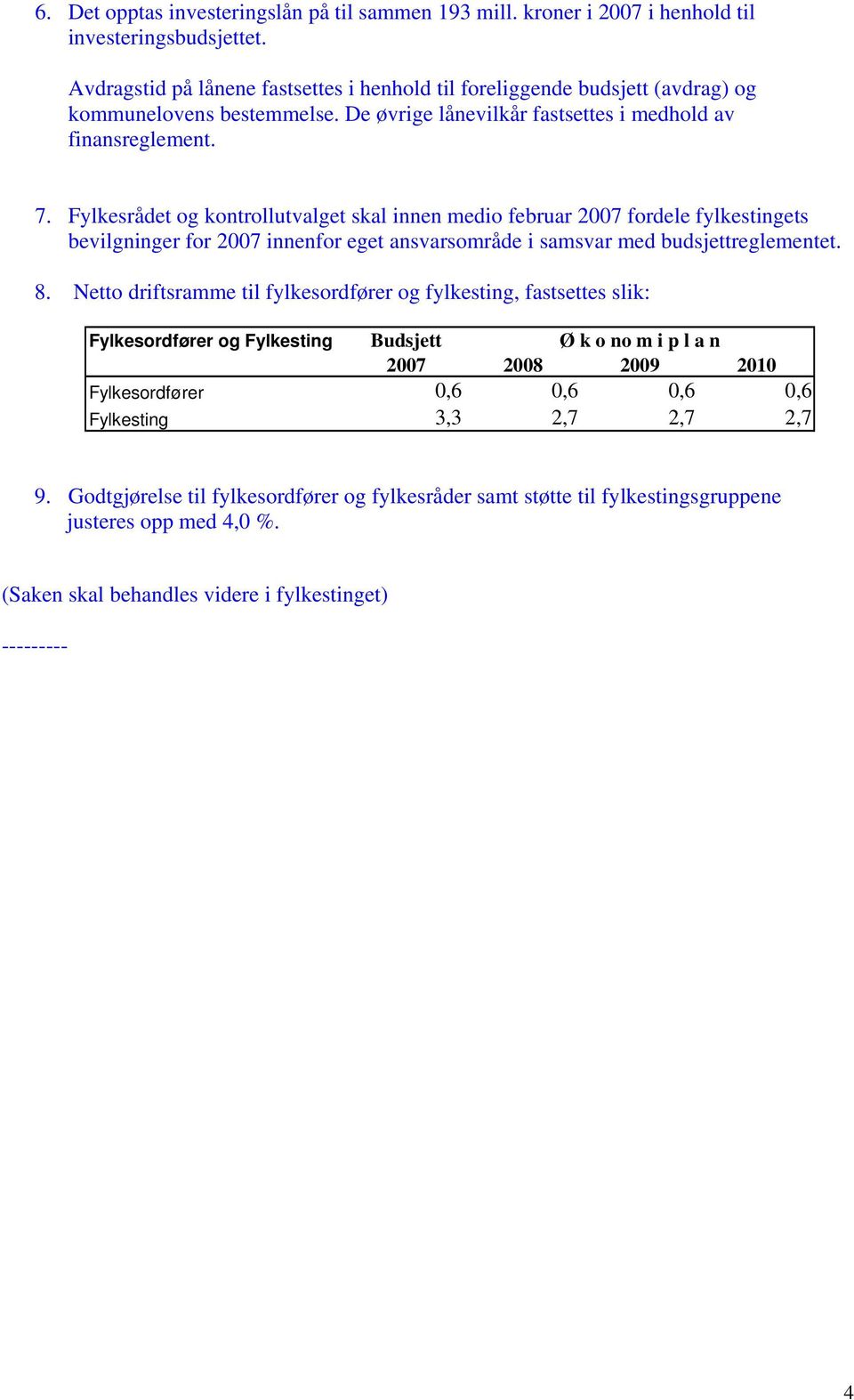 Fylkesrådet og kontrollutvalget skal innen medio februar 2007 fordele fylkestingets bevilgninger for 2007 innenfor eget ansvarsområde i samsvar med budsjettreglementet. 8.