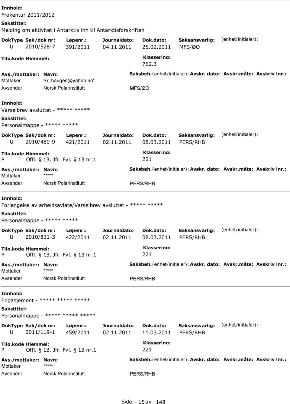 /mottaker: Navn: Saksbeh. Avskr. dato: Avskr.måte: Avskriv lnr.: Norsk olarinstitutt Forlengelse av arbeidsavlate/varselbrev avsluttet - ***** ***** ersonalmappe - ***** ***** 2010/831-3 422/2011 02.