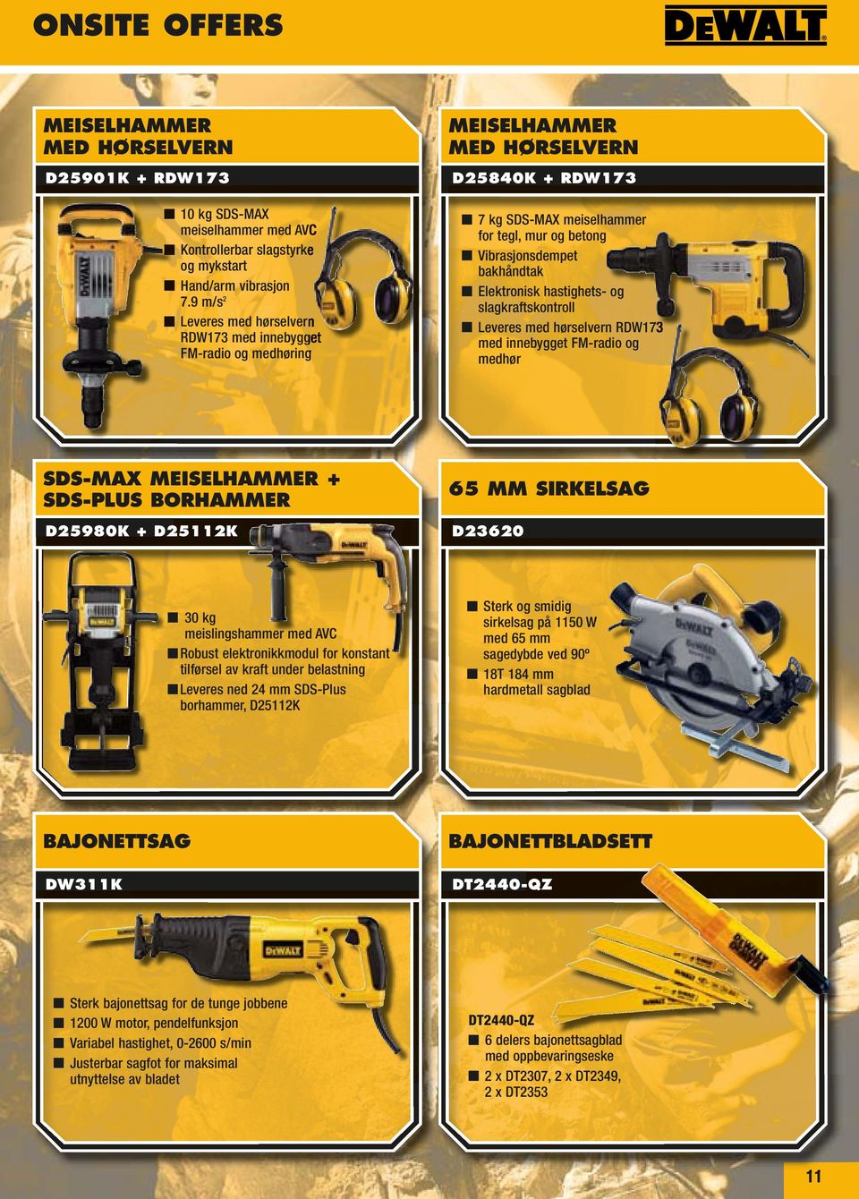 Leveres med hørselvern RDW173 med innebygget FM-radio og medhør SDS-MAX MEISELHAMMER + SDS-PLUS BORHAMMER 65 MM SIRKELSAG D25980K + D25112K D23620 30 kg meislingshammer med AVC Robust