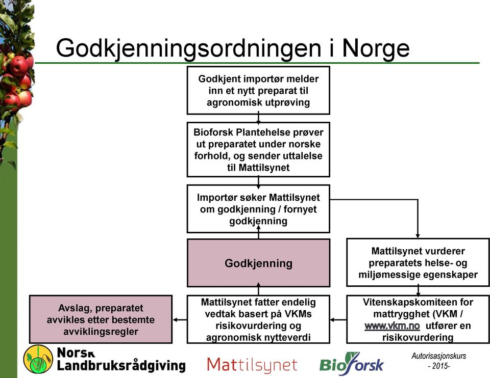 Godkjenning Mattilsynet vurderer preparatets helse- og miljømessige egenskaper Avslag, preparatet avvikles etter bestemte avviklingsregler