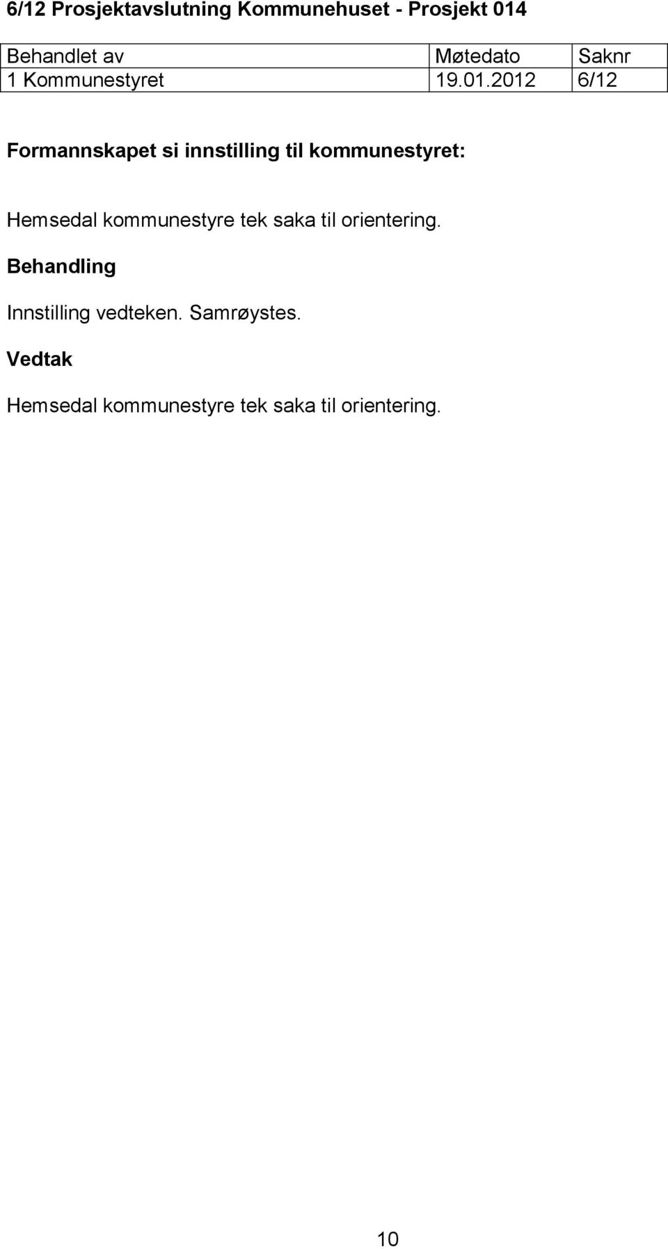 2012 6/12 Formannskapet si innstilling til kommunestyret: