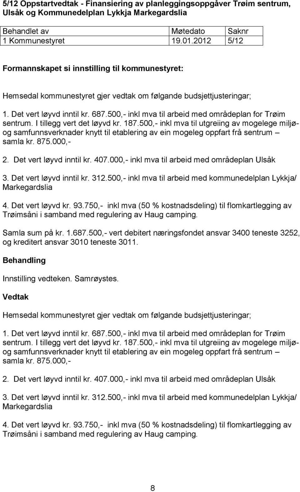 500,- inkl mva til arbeid med områdeplan for Trøim sentrum. I tillegg vert det løyvd kr. 187.