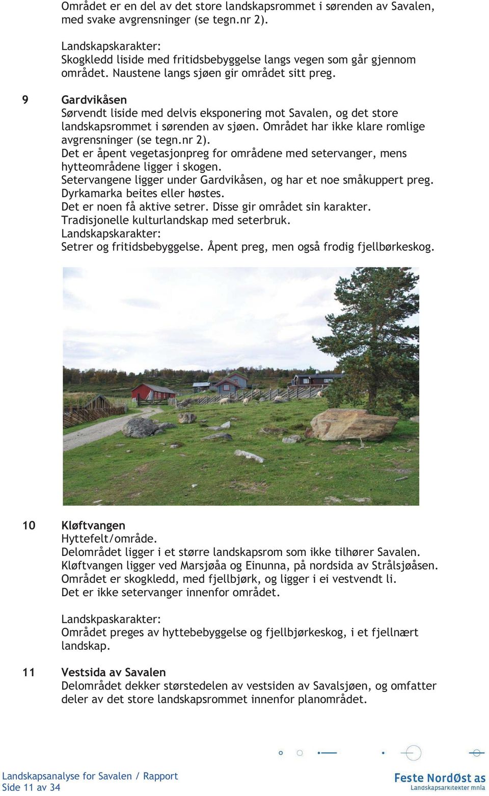 9 Gardvikåsen Sørvendt liside med delvis eksponering mot Savalen, og det store landskapsrommet i sørenden av sjøen. Området har ikke klare romlige avgrensninger (se tegn.nr 2).