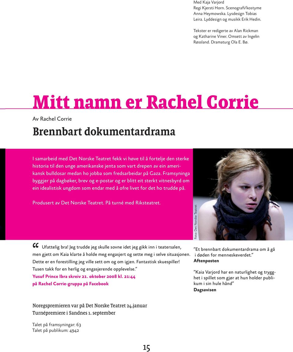 Mitt namn er Rachel Corrie Av Rachel Corrie Brennbart dokumentardrama I samarbeid med Det Norske Teatret fekk vi høve til å fortelje den sterke historia til den unge amerikanske jenta som vart drepen