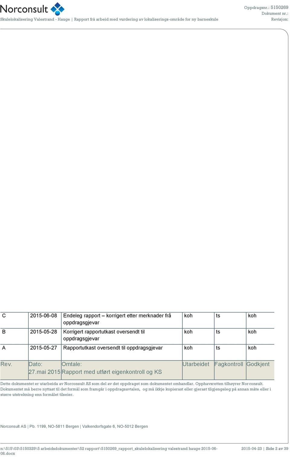 mai 2015 Rapport med utført eigenkontroll og KS Utarbeidet Fagkontroll Godkjent Dette dokumentet er utarbeida av Norconsult AS som del av det oppdraget som dokumentet omhandlar.