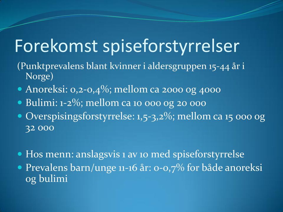 000 Overspisingsforstyrrelse: 1,5-3,2%; mellom ca 15 000 og 32 000 Hos menn: anslagsvis