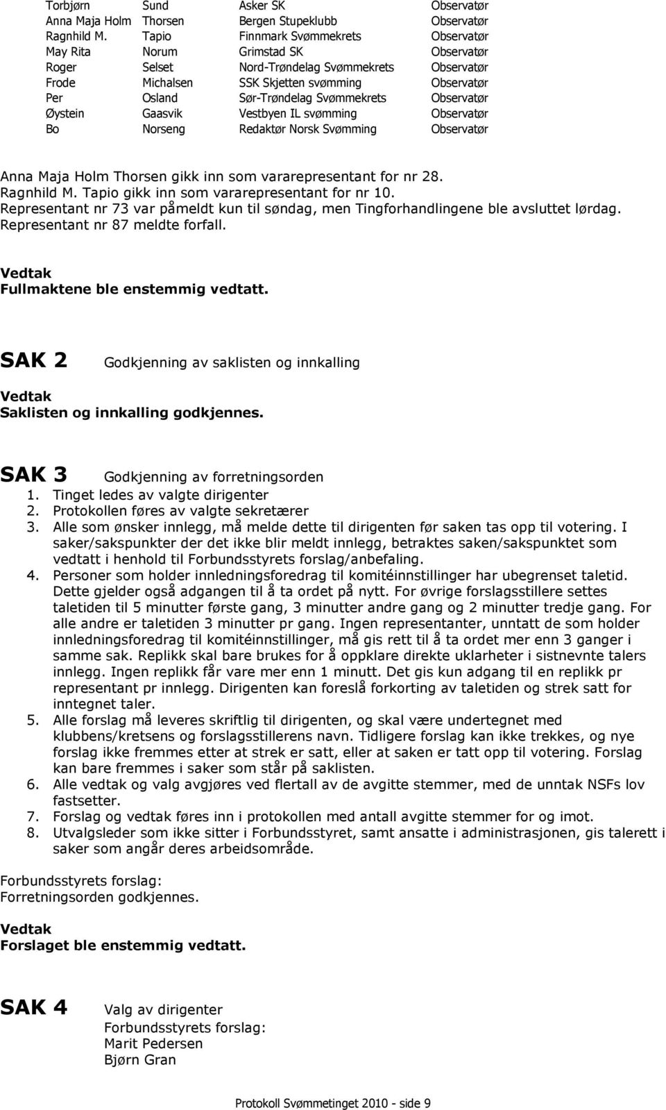 Sør-Trøndelag Svømmekrets Observatør Øystein Gaasvik Vestbyen IL svømming Observatør Bo Norseng Redaktør Norsk Svømming Observatør Anna Maja Holm Thorsen gikk inn som vararepresentant for nr 28.