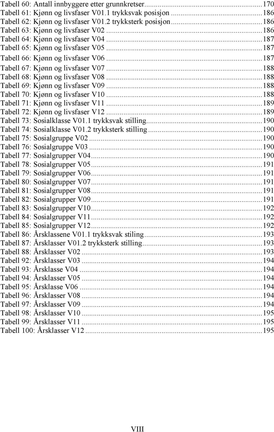 ..188 Tabell 68: Kjønn og livsfaser V08...188 Tabell 69: Kjønn og livsfaser V09...188 Tabell 70: Kjønn og livsfaser V10...188 Tabell 71: Kjønn og livsfaser V11...189 Tabell 72: Kjønn og livsfaser V12.