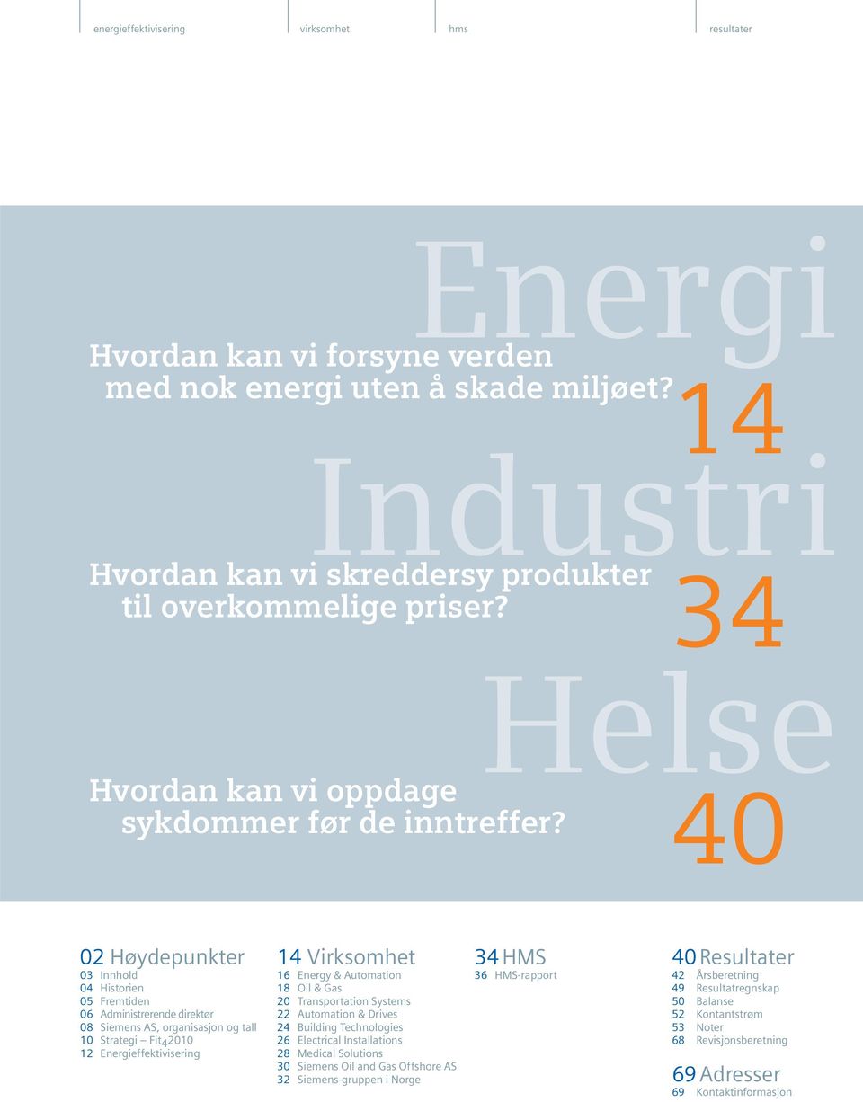 40 02 Høydepunkter 03 Innhold 04 Historien 05 Fremtiden 06 Administrerende direktør 08 Siemens AS, organisasjon og tall 10 Strategi Fit 4 2010 12 Energieffektivisering 14 Virksomhet 16 Energy &