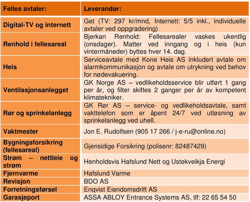 Serviceavtale med Kone Heis AS inkludert avtale om alarmkommunikasjon og avtale om utrykning ved behov for nødevakuering.