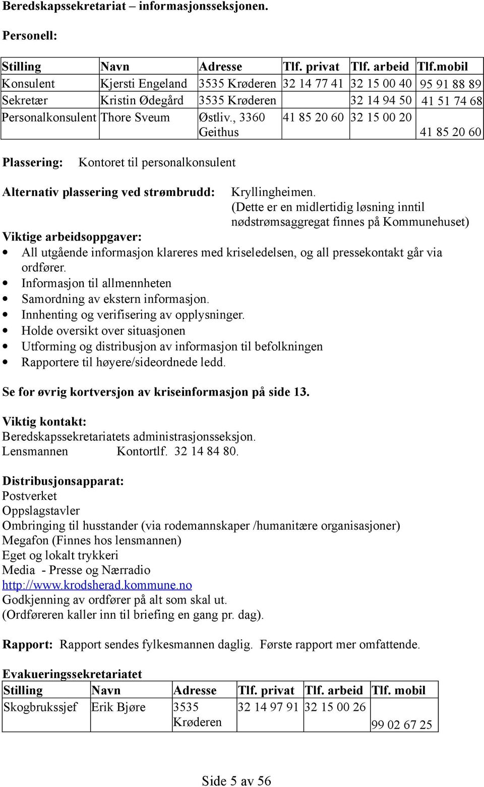 , 3360 41 85 20 60 32 15 00 20 Geithus 41 85 20 60 Plassering: Kontoret til personalkonsulent Alternativ plassering ved strømbrudd: Kryllingheimen.