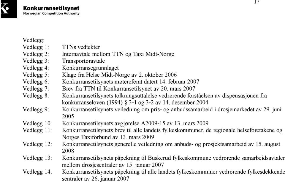 mars 2007 Vedlegg 8: Konkurransetilsynets tolkningsuttalelse vedrørende forståelsen av dispensasjonen fra konkurranseloven (1994) 3-1 og 3-2 av 14.