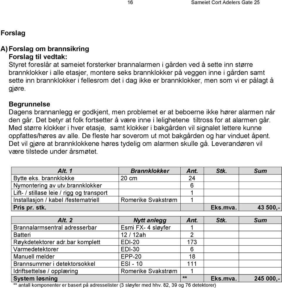 Begrunnelse Dagens brannanlegg er godkjent, men problemet er at beboerne ikke hører alarmen når den går. Det betyr at folk fortsetter å være inne i lelighetene tiltross for at alarmen går.