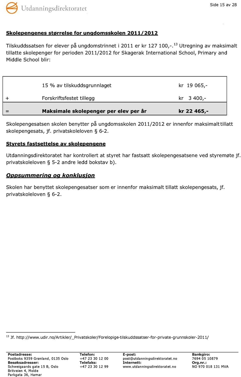 tillegg kr 3 400, - = Maksimale skolepenger per elev per år kr 22 46 5,- Skolepengesatsen skolen benytter på ungdomsskolen 2011/2012 er innenfor maksimalt tillatt skolepengesats, jf.