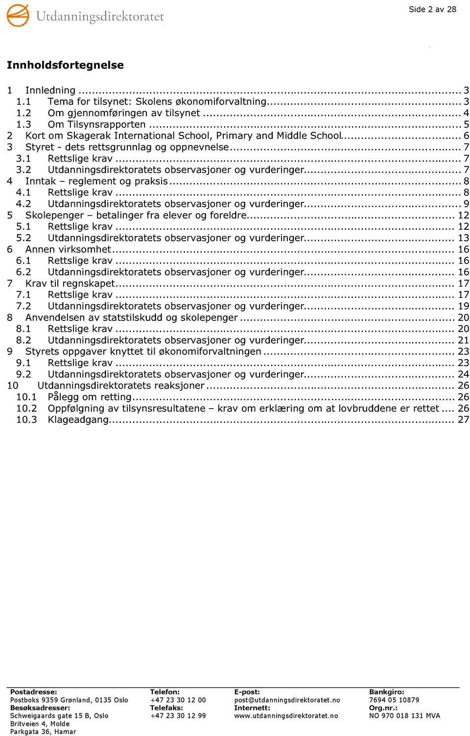 ..... 7 4 Inntak reglement og praksis......... 8 4.1 Rettslige krav............ 8 4.2 Utdann ingsdirektoratets observasjoner og vurderinger...... 9 5 Skolepenger betalinger fra elever og foreldre.