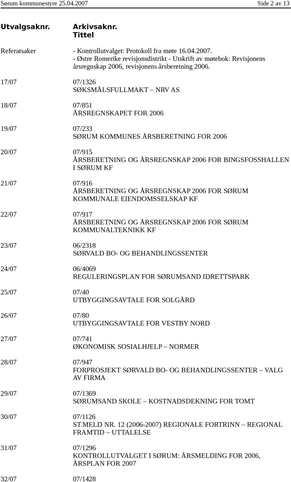 KF 21/07 07/916 ÅRSBERETNING OG ÅRSREGNSKAP 2006 FOR SØRUM KOMMUNALE EIENDOMSSELSKAP KF 22/07 07/917 ÅRSBERETNING OG ÅRSREGNSKAP 2006 FOR SØRUM KOMMUNALTEKNIKK KF 23/07 06/2318 SØRVALD BO- OG