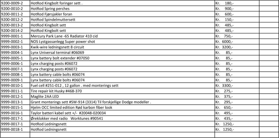 750,- 9999-0002-1 NOS Lystgassanlegg Super power shot Kr. 6000,- 9999-0003-1 Kwik-wire ledningsnett 8 circuit Kr. 3200,- 9999-0004-1 Lynx Universal terminal #06069 Kr.
