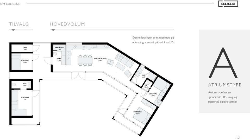 BOD 2,6m2 TEKNISK/BOD 1,5m2 SOVEROM 3 6,4m2 GANG 4,8m2 KJØKKEN OG STUE 33,5m2 BAD 4,8m2