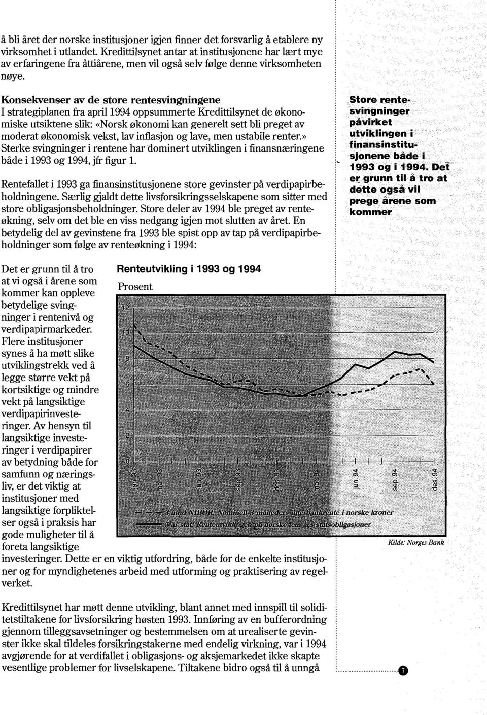Konsekvenser av de store rentesvingningene I strategiplanen fra april 1994 oppsummerte Kredittilsynet de økonomiske utsiktene slik: «Norsk økonomi kan generelt sett bli preget av moderat økonomisk