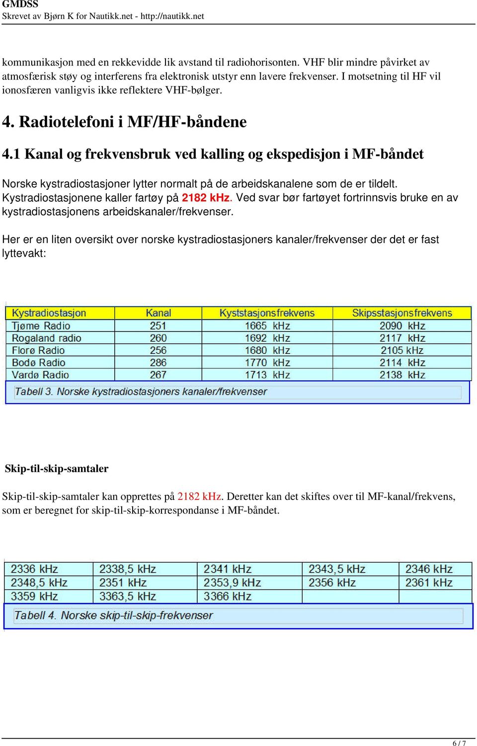 1 Kanal og frekvensbruk ved kalling og ekspedisjon i MF-båndet Norske kystradiostasjoner lytter normalt på de arbeidskanalene som de er tildelt. Kystradiostasjonene kaller fartøy på 2182 khz.