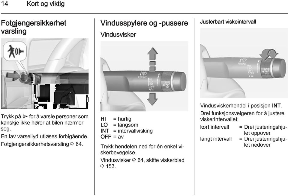 HI = hurtig LO = langsom INT = intervallvisking OFF = av Trykk hendelen ned for én enkel viskerbevegelse. Vindusvisker 3 64, skifte viskerblad 3 153.