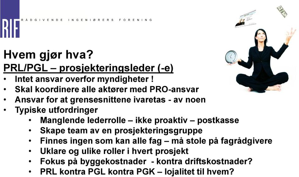 Manglende lederrolle ikke proaktiv postkasse Skape team av en prosjekteringsgruppe Finnes ingen som kan alle fag