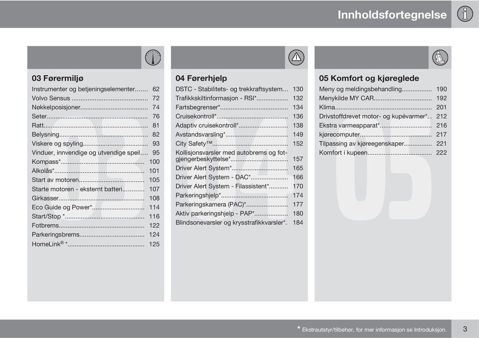 .. 93 City Safety... 152 Vinduer, innvendige og utvendige speil... 95 Kollisjonsvarsler med autobrems og fotgjengerbeskyttelse*... 157 Kompass*... 100 Alkolås*... 101 Driver Alert System*.