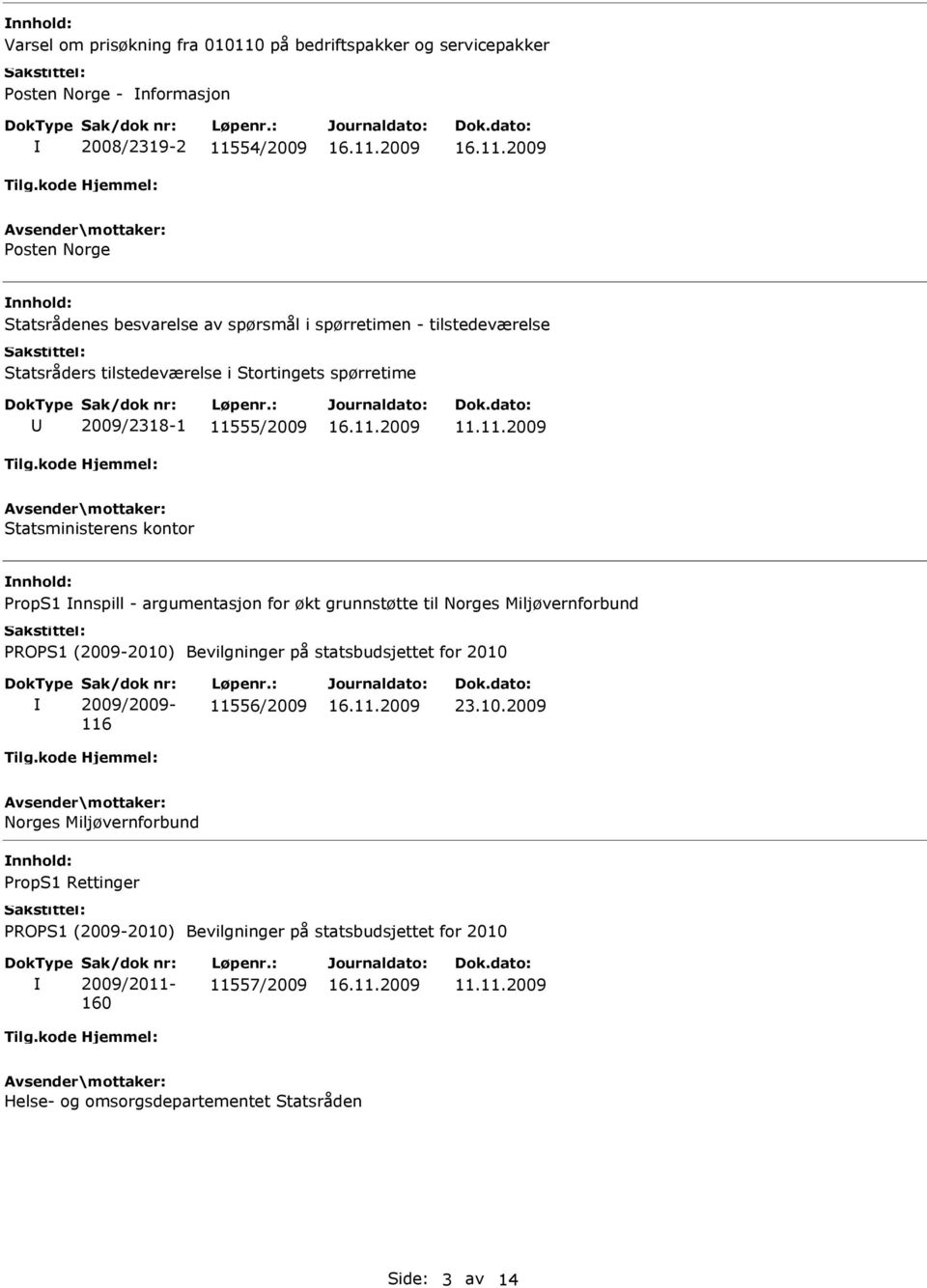 11555/2009 11.11.2009 Statsministerens kontor PropS1 nnspill - argumentasjon for økt grunnstøtte til Norges Miljøvernforbund 2009/2009-116 11556/2009 23.